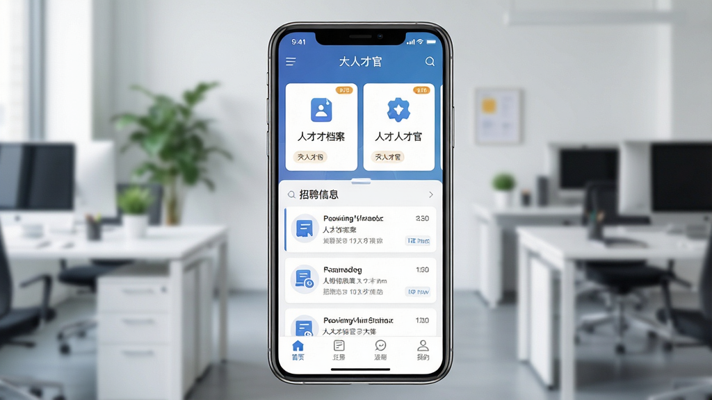一张展示大人才官手机应用界面的场景图,画面中央是一部竖屏智能手机,屏幕内显示大人才官应用首页,包含人才档案卡片、招聘信息列表和底部导航栏,背景为简洁的现代办公环境,有模糊的办公桌与绿植,布局居中对称,风格为扁平化科技商务风,细节包括清晰的图标与文字排版,画质高清,干净,无多余元素
