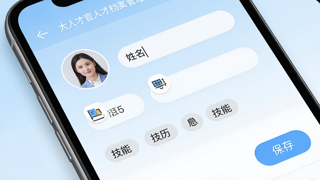 一张展示大人才官人才档案管理功能的界面截图风格图,画面为手机屏幕特写,屏幕内显示人才档案编辑页面,有头像、姓名、学历、技能标签等字段,旁边有保存按钮,背景为浅蓝色渐变,布局清晰,风格为简约商务,细节包括圆角输入框与图标,画质高清,干净,无多余元素