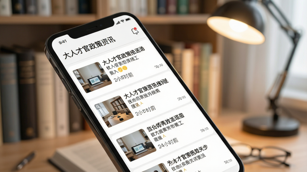 一张展示大人才官政策资讯推送功能的场景图,画面为手机屏幕显示资讯列表页面,每条资讯带有标题、缩略图和发布时间,背景为柔和的书房环境,有书本和台灯,布局为对角线构图,风格为清新阅读风,细节包括清晰的文字层级与图标,画质高清,干净,无多余元素