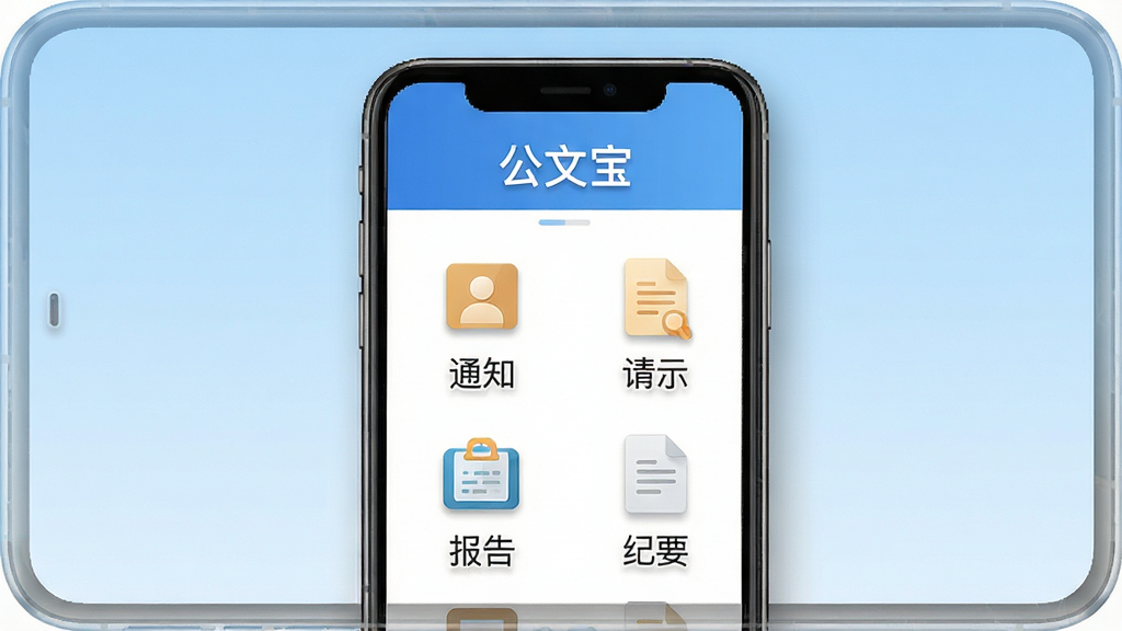 公文宝软件主界面截图,画面中央展示手机屏幕,屏幕内显示公文宝应用首页,顶部有“公文宝”文字标识,下方排列通知、请示、报告、纪要等公文分类图标,界面整洁清爽,背景为浅蓝色渐变,风格为扁平化UI设计,细节包括图标阴影和文字排版清晰,画质干净高清,无多余元素