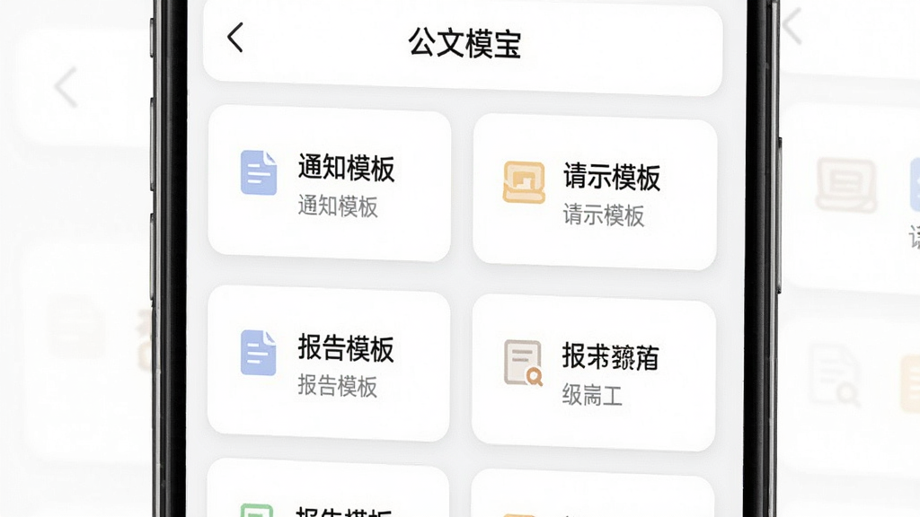 公文宝模板库界面展示,画面中手机屏幕显示公文宝模板列表,屏幕上排列着“通知模板”“请示模板”“报告模板”等卡片式选项,每张卡片带有小图标和简短说明文字,背景为纯白色,风格简约现代,细节包括卡片圆角与浅灰色分割线,画质清晰干净,无多余装饰元素