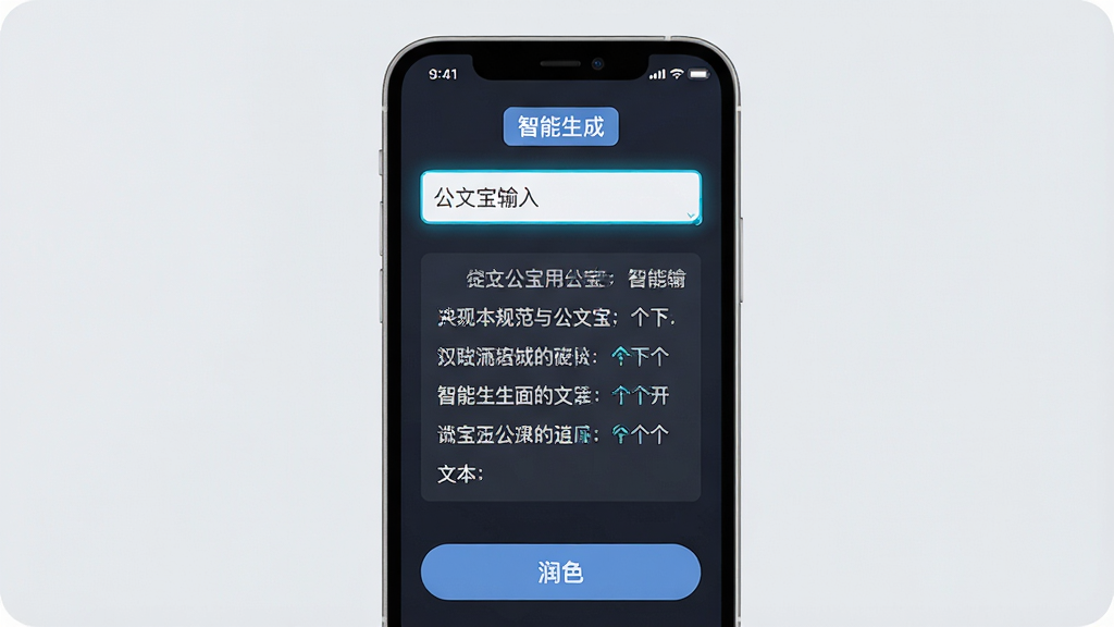 公文宝智能生成功能示意,画面展示手机屏幕内用户输入关键信息后,公文宝自动生成一段规范公文文本,屏幕上方有“智能生成”标签,下方有“润色”按钮,背景为柔和浅灰色,风格为科技感扁平设计,细节包括输入框高亮和生成文字逐行显示效果,画质高清干净,无多余元素