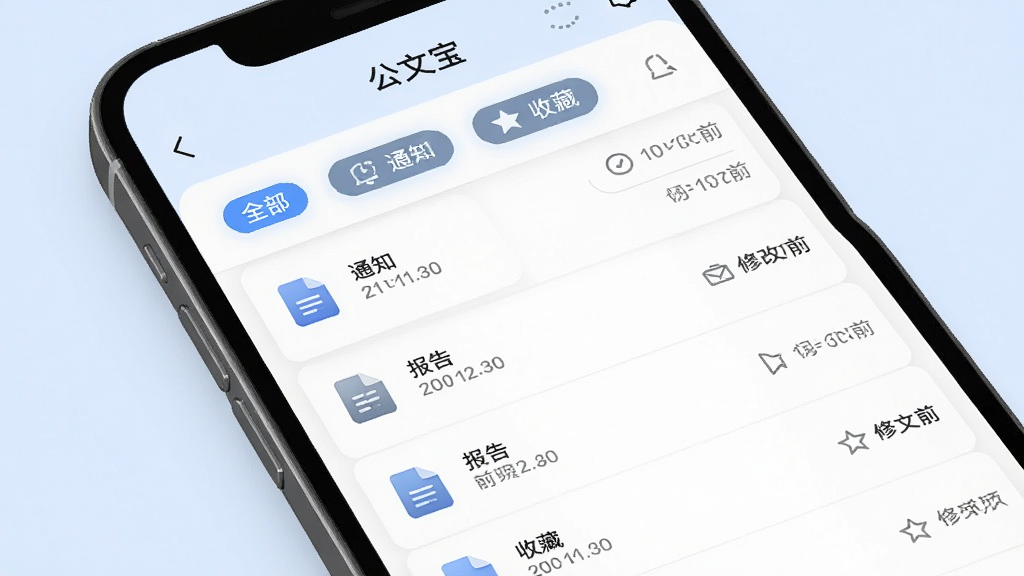 公文宝文档管理界面,画面中手机屏幕显示公文宝的文档列表,按“全部”“通知”“报告”“收藏”等标签分类,列表项带有文档图标和修改时间,背景为淡蓝色,风格清爽简洁,细节包括标签选中状态和列表间距舒适,画质清晰,无多余元素