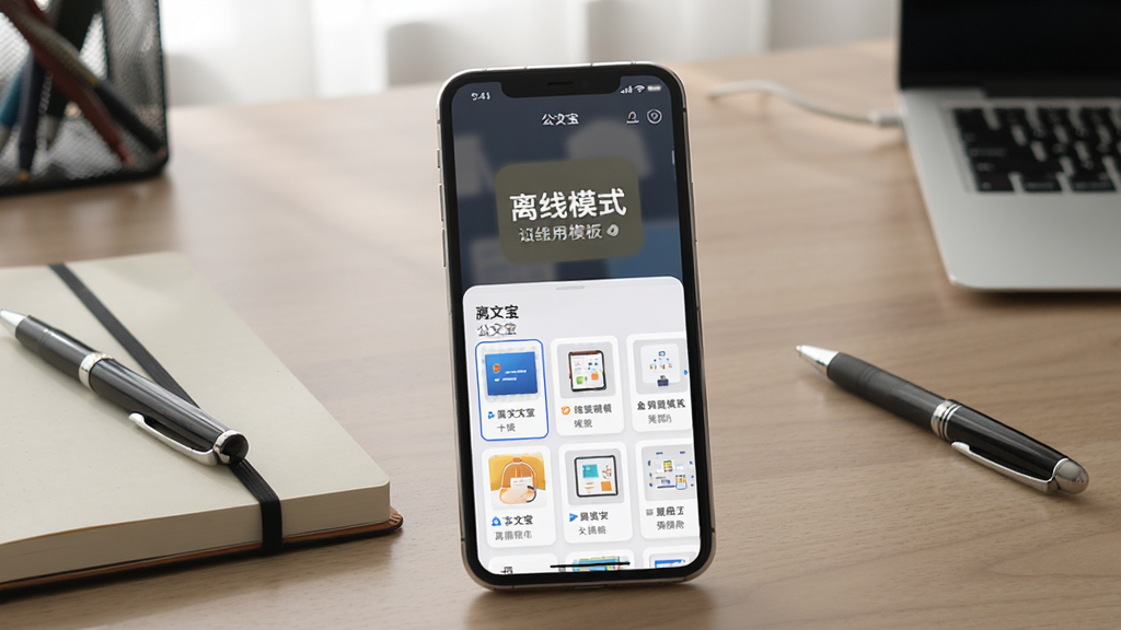 公文宝离线使用场景图,画面展示一部手机在无网络环境下打开公文宝,屏幕显示“离线模式”标识,下方有可用的模板列表,背景为室内办公桌场景,风格写实简约,细节包括手机旁放有笔记本和笔,画质清晰自然,无多余元素