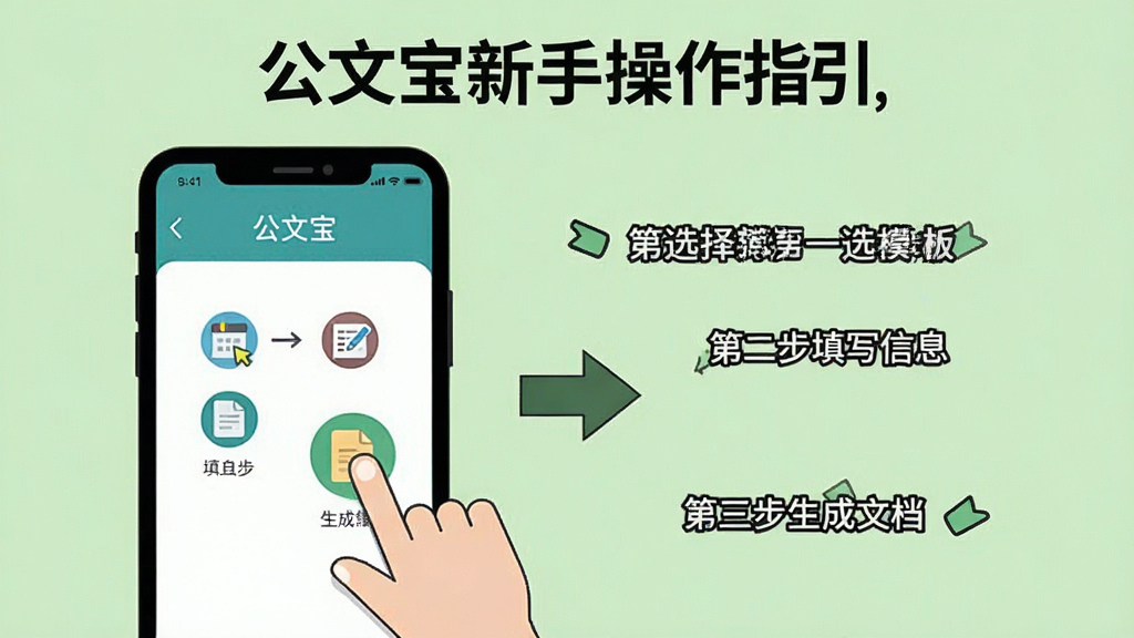公文宝新手操作指引图,画面展示手机屏幕内公文宝界面,屏幕上有“第一步选择模板”“第二步填写信息”“第三步生成文档”的引导文字,背景为浅绿色,风格为扁平化教程插图,细节包括手指点击图标和步骤箭头,画质清晰干净,无多余元素