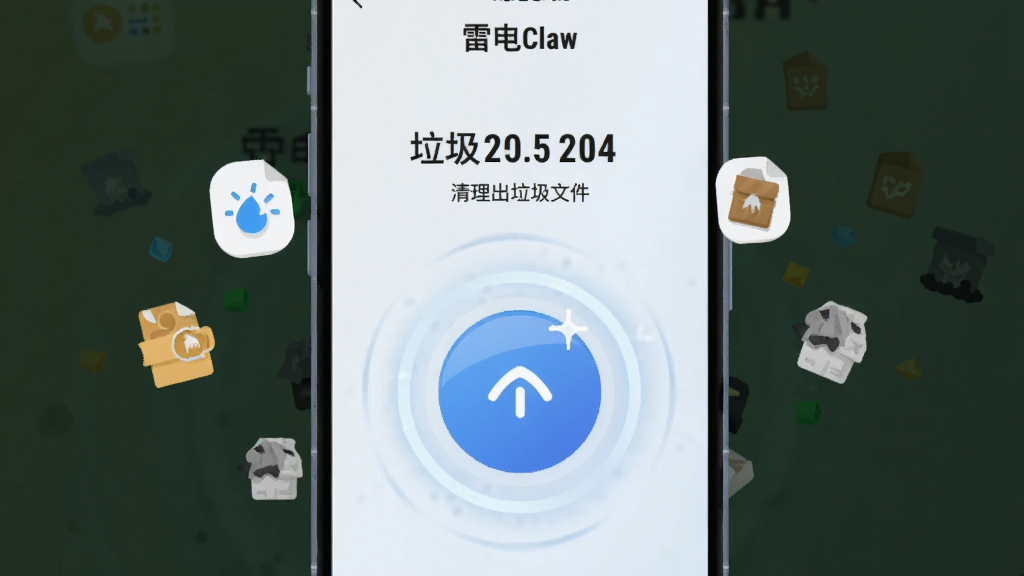 画面主体为一部智能手机,屏幕显示“雷电Claw”的一键加速清理界面,界面中央有一个圆形加速按钮,按钮周围环绕着旋转的光环,上方显示清理出的垃圾文件大小数字,背景为浅色渐变,风格为扁平化插画风,细节包括手机边缘的阴影、按钮的高光反射、周围漂浮的小图标代表缓存和垃圾文件,画质清晰,干净无多余元素