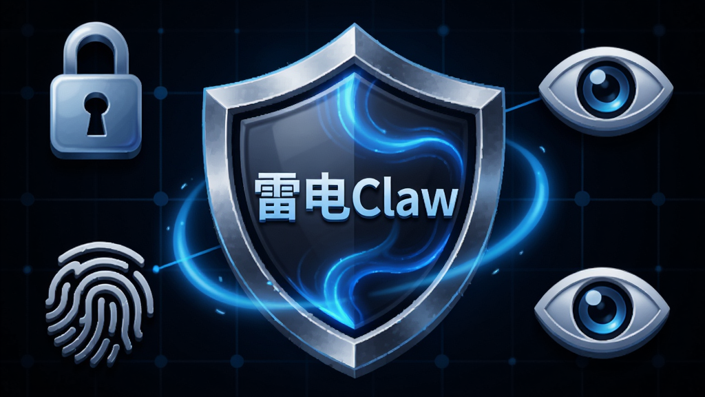 画面展示一个盾牌形状的图标,盾牌中央印有“雷电Claw”字样,盾牌表面有蓝色光晕流动,周围环绕着锁、指纹、眼睛等隐私安全相关的符号元素,背景为深色科技网格,风格为2.5D质感图标风,细节包括金属质感边框、光效层次、符号的立体感,画质超清,干净简洁,无多余元素