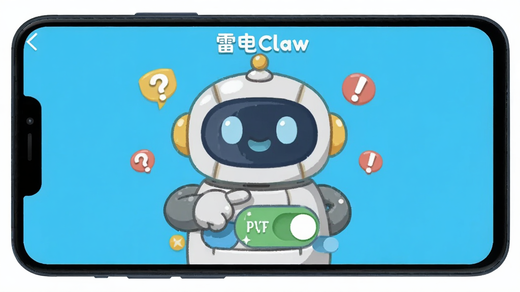 画面展示一部安卓手机屏幕,屏幕上显示“雷电Claw”的新手引导界面,界面中央有一个卡通风格的机器人形象,机器人手指向屏幕上的权限开关按钮,背景为明亮的浅蓝色,风格为扁平卡通插画,细节包括机器人圆润的造型、按钮的高光、周围漂浮的问号与感叹号小图标,画质清晰,干净无多余元素
