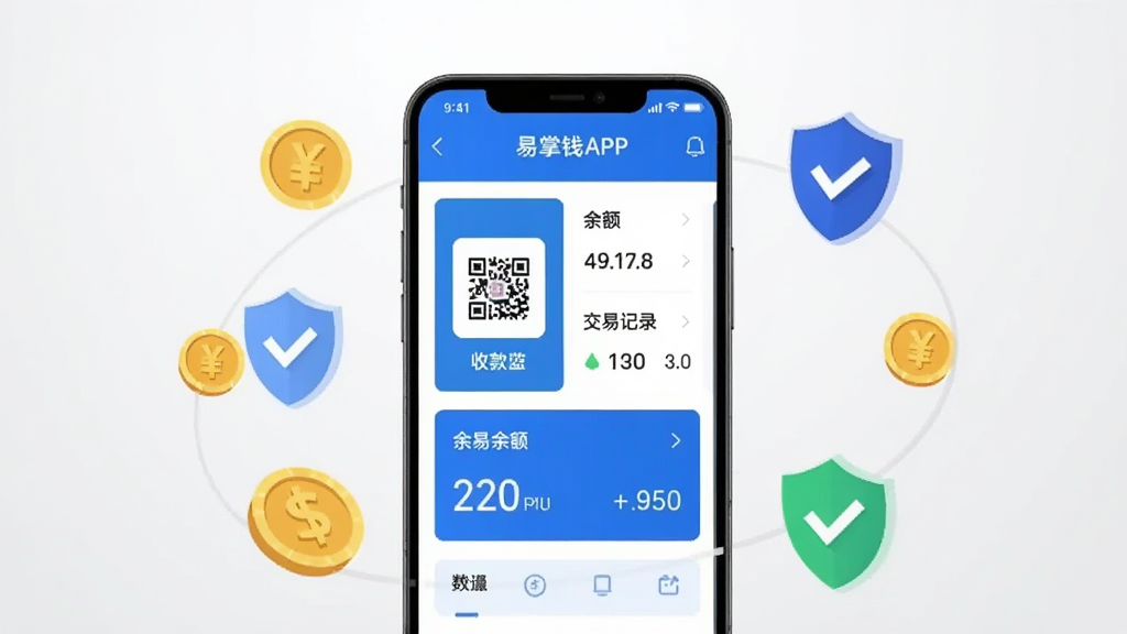 画面中央是一部智能手机,屏幕上显示着易掌钱APP的首页界面,界面以蓝色和白色为主色调,包含收款码、交易记录、余额展示等模块。手机周围环绕着金币、盾牌、对勾等象征安全与财富的扁平化图标。背景为干净的浅灰色渐变,整体风格现代简约,画质清晰,无多余元素。
