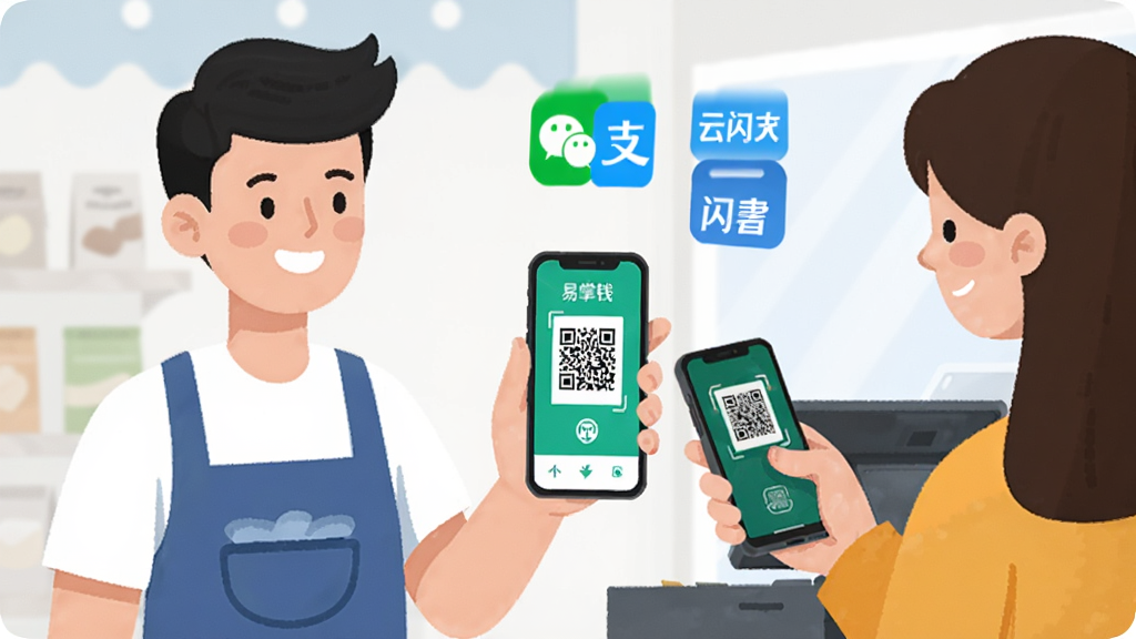 一张简洁的收款场景插画,画面中一位商户正微笑着向顾客展示手机上的易掌钱收款码,顾客用手机扫码支付。画面中包含微信、支付宝、云闪付的抽象图标,背景为明亮的店铺环境,风格清新扁平,画质干净,无多余元素。