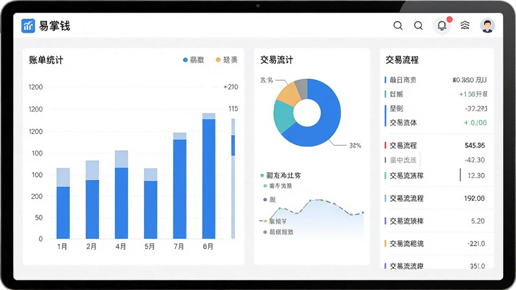 一幅数据统计界面示意图,画面中展示易掌钱APP的账单统计页面,包含柱状图、饼图、交易流水列表等元素,配色以蓝白为主,风格商务简洁,画质清晰,无多余元素。