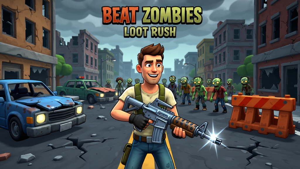 Beat Zombies: Loot Rush游戏主界面,一名手持武器的幸存者站在废弃城市街道中央,周围是破碎的车辆和路障,远处有僵尸群正在靠近,画面采用美式卡通渲染风格,色彩对比鲜明,主体突出,布局为竖屏构图,排版简洁,细节包括武器反光、地面裂纹、天空阴云,画质清晰,干净,无多余元素
