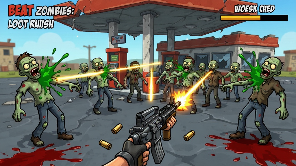 Beat Zombies: Loot Rush战斗场景,玩家角色位于画面下方,正用突击步枪扫射前方涌来的僵尸群,子弹轨迹形成光带,僵尸被击退时伴有绿色血液飞溅特效,屏幕上方显示击杀数和波次进度,背景是破败的加油站,风格为美式卡通,细节包括枪口火焰、弹壳掉落、地面血迹,画质清晰,干净,无多余元素