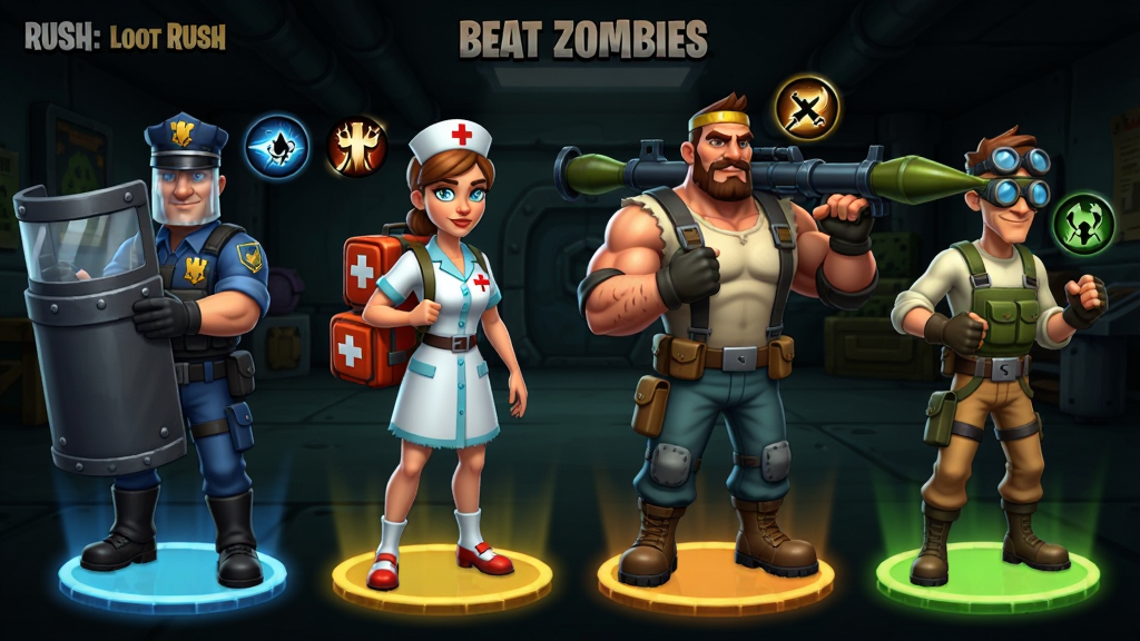 Beat Zombies: Loot Rush角色选择界面,四名不同职业的幸存者并排站立,从左到右分别是持盾防暴警察、背医疗包的女护士、扛火箭筒的壮汉、戴护目镜的工程师,每人脚下有圆形光效底座,背景为暗色调的避难所内部,布局为横向排列,风格为美式卡通,细节包括角色装备纹理、技能图标悬浮,画质清晰,干净,无多余元素