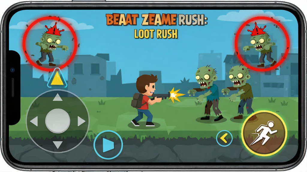 Beat Zombies: Loot Rush新手操作示意图,手机屏幕中显示虚拟摇杆在左下角,右下角有冲刺按钮,画面中央角色正在自动射击僵尸,屏幕边缘有红色警示圈提示自爆僵尸靠近,布局为竖屏,风格为扁平化UI说明图,细节包括按钮高亮、箭头指示移动方向,画质清晰,干净,无多余元素