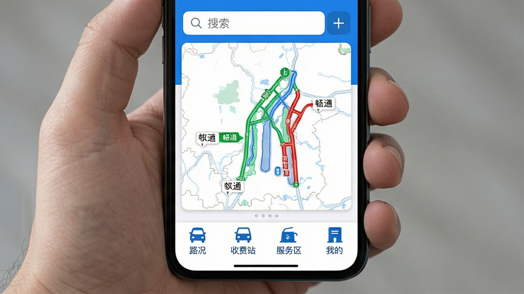 手机屏幕展示川路宝应用主界面,画面中央是四川高速路网示意图,上面标注绿色畅通路段与红色拥堵路段,顶部显示搜索框,底部排列路况、收费站、服务区、我的四个图标,整体采用蓝白配色,布局简洁清晰,扁平化UI风格,细节包括路况线条、图标按钮、文字标签,画质高清,干净,无多余元素