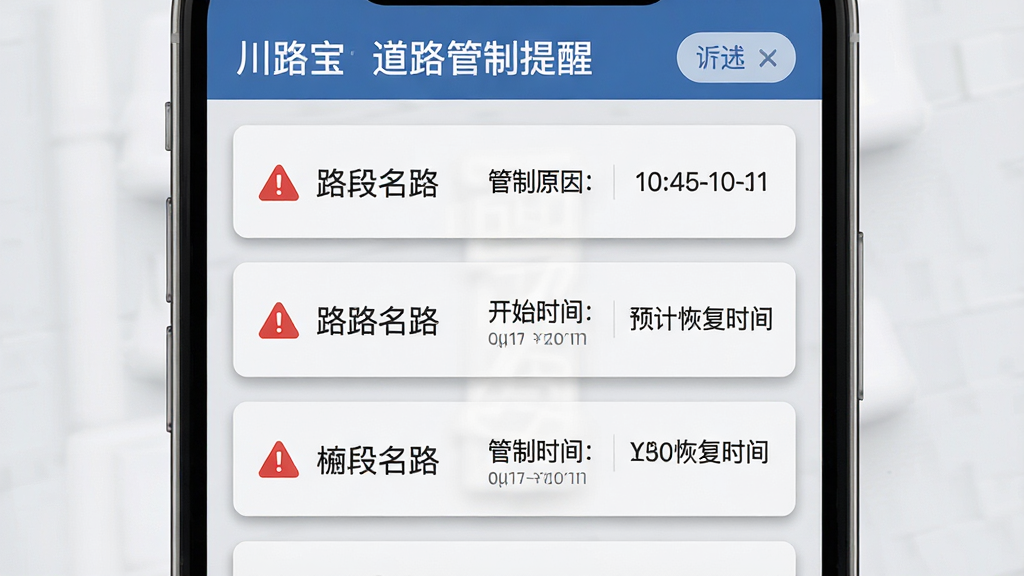 川路宝道路管制提醒界面,手机屏幕显示管制信息列表,每条包含路段名称、管制原因、开始时间、预计恢复时间,部分条目带有红色警告图标,背景为浅灰色,列表卡片有轻微阴影,顶部有标题栏和筛选按钮,扁平化风格,细节包括警告图标、时间文字、路段名称,画质高清,干净,无多余元素