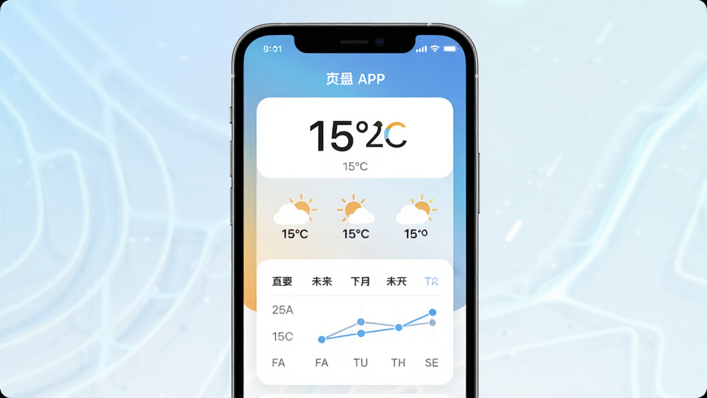 主体为一部智能手机,屏幕显示预告天气APP的清爽界面,布局采用居中构图,排版包含温度数字、天气图标与未来几天趋势图,风格为现代扁平化科技感,细节包含微光渐变背景与干净的白底卡片,画质高清,干净,无多余元素。