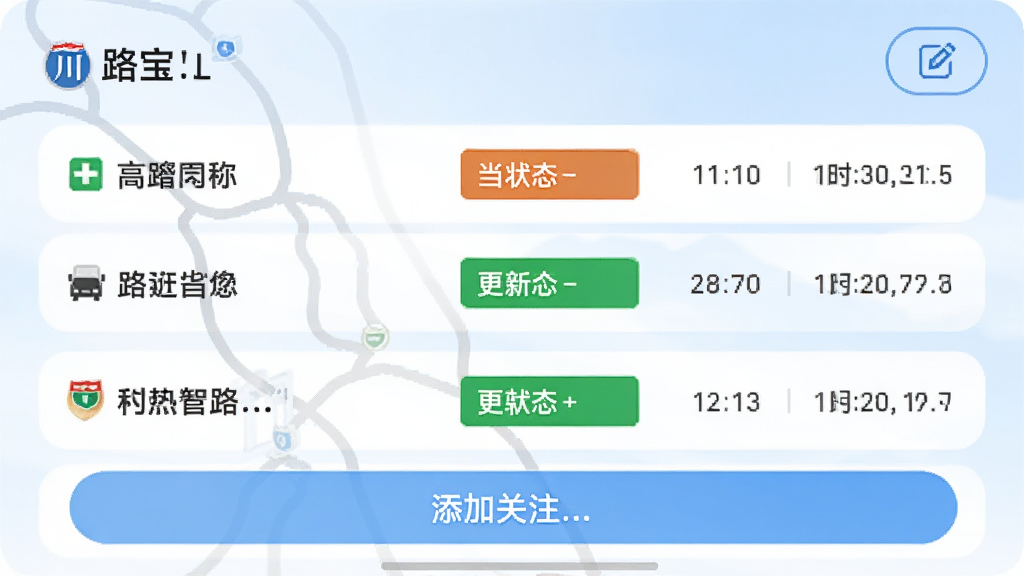 川路宝关注路线页面,手机界面展示已关注的高速路段列表,每条包含路段名称、当前状态色块、更新时间,右上角有编辑按钮,底部有添加关注按钮,整体采用浅蓝与白色搭配,卡片圆角设计,细节包括状态色块、文字信息、按钮图标,画质高清,干净,无多余元素
