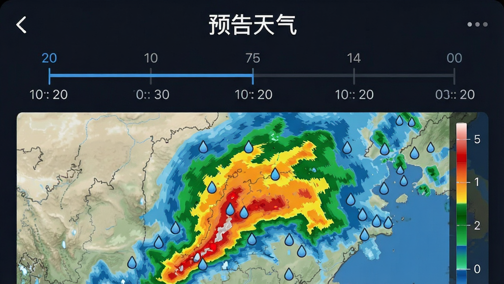 画面中央展示预告天气APP的降水雷达图界面,标注有“预告天气”字样,布局为上下结构,上方显示时间轴,下方显示彩色雷达回波图,风格为科技数据可视化,细节包含雨滴图标与时间刻度,画质高清,干净,无多余元素。