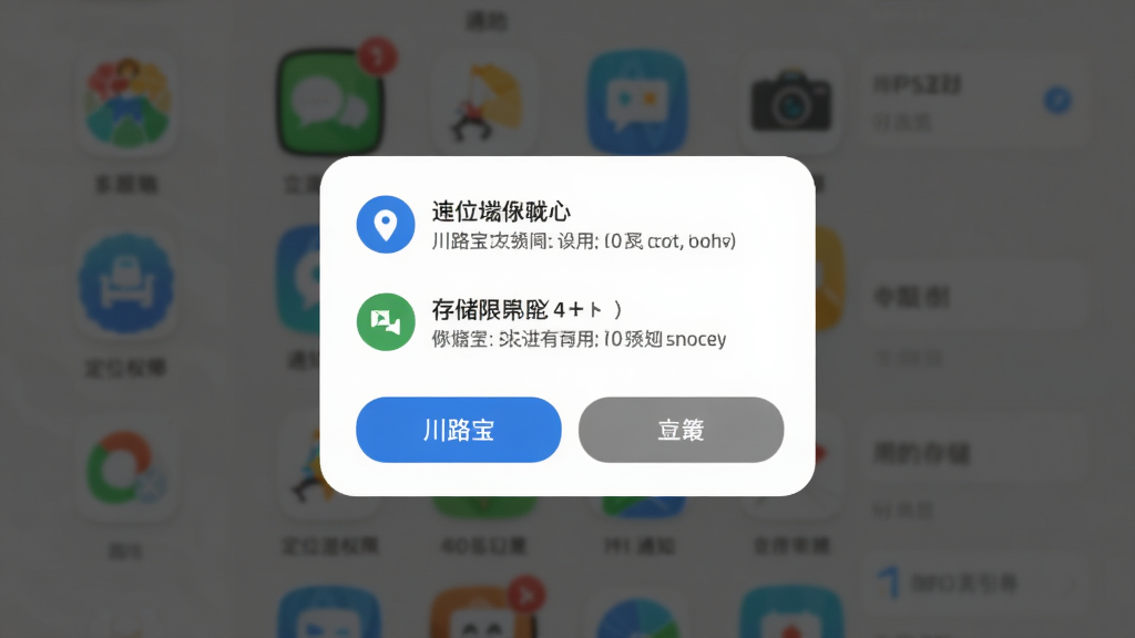 川路宝新手设置引导界面,手机屏幕显示权限请求弹窗,包括定位权限、通知权限、存储权限,背景为应用主界面模糊效果,弹窗采用白色圆角卡片,按钮为蓝色和灰色,细节包括权限图标、文字说明、按钮状态,画质高清,干净,无多余元素