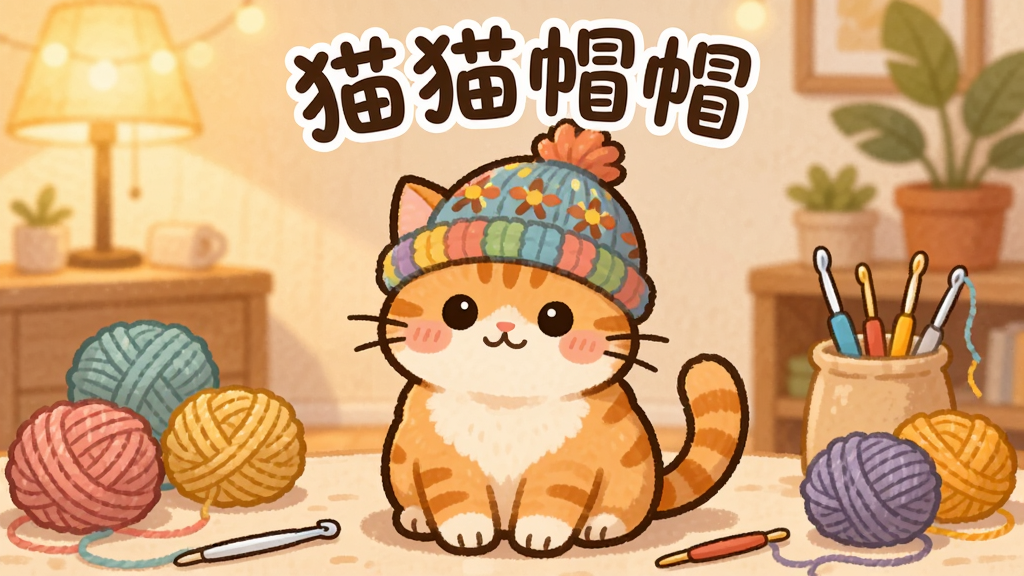 一只橘色猫咪戴着彩色毛线帽坐在温馨的房间里,周围摆放着各种颜色的毛线球和钩针工具,画面中央上方有“猫猫帽帽”字样,整体布局采用居中对称构图,风格为日系治愈卡通插画,细节包括猫猫表情可爱、帽子上有花纹图案、背景有暖色灯光和绿植点缀,画质高清,干净整洁,无多余元素