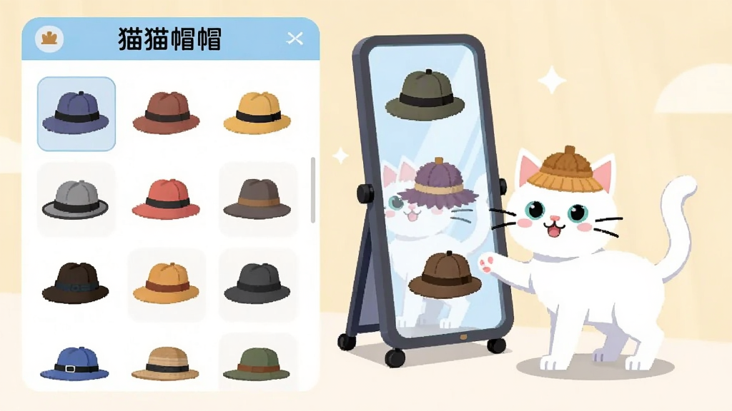 一只白色猫咪站在虚拟试衣镜前,镜子里显示它戴着不同款式的帽子,画面左侧是帽子选择面板,右侧是猫猫形象展示区,面板上方有“猫猫帽帽”文字标识,布局为左右分栏排版,风格为清新扁平化UI插画,细节包括帽子款式多样、颜色丰富、猫猫姿态活泼,画质高清,干净整洁,无多余元素