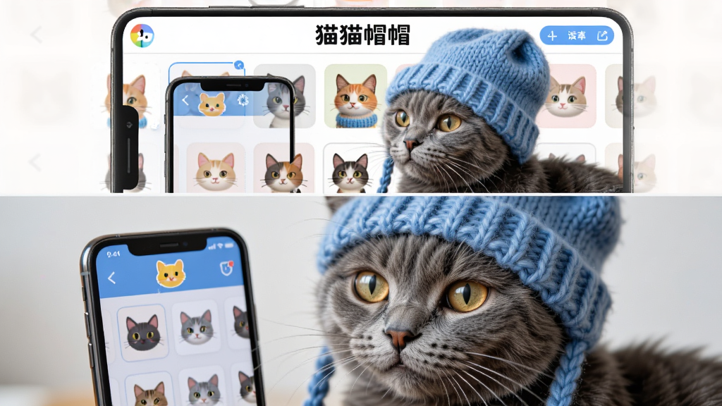 一只灰色猫咪戴着蓝色针织帽,面前摆放着手机屏幕显示头像生成界面,屏幕中有多个猫猫头像缩略图,画面顶部有“猫猫帽帽”标题文字,布局为上下结构,上方是软件界面截图风格,下方是真实猫咪照片,风格为写实与卡通结合,细节包括猫咪眼神灵动、帽子纹理清晰、界面按钮精致,画质高清,干净整洁,无多余元素