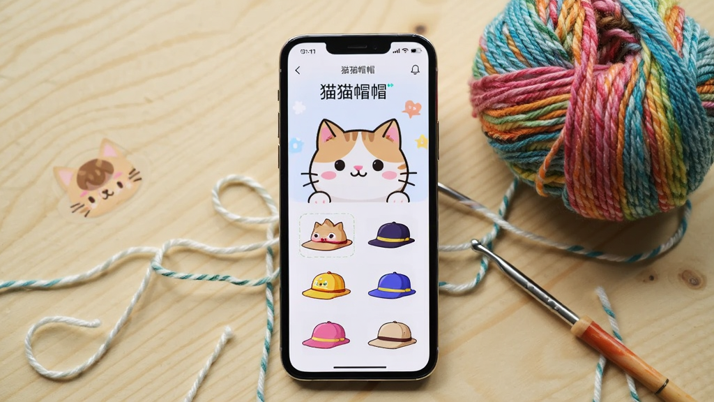 一部智能手机屏幕显示“猫猫帽帽”软件主界面,界面中有可爱的猫咪形象和多种帽子选项,手机旁边放置着一团毛线和钩针,背景是浅色木质桌面,布局为手机居中、道具环绕,风格为生活静物摄影,细节包括屏幕清晰、猫咪表情萌趣、毛线颜色鲜艳,画质高清,干净整洁,无多余元素
