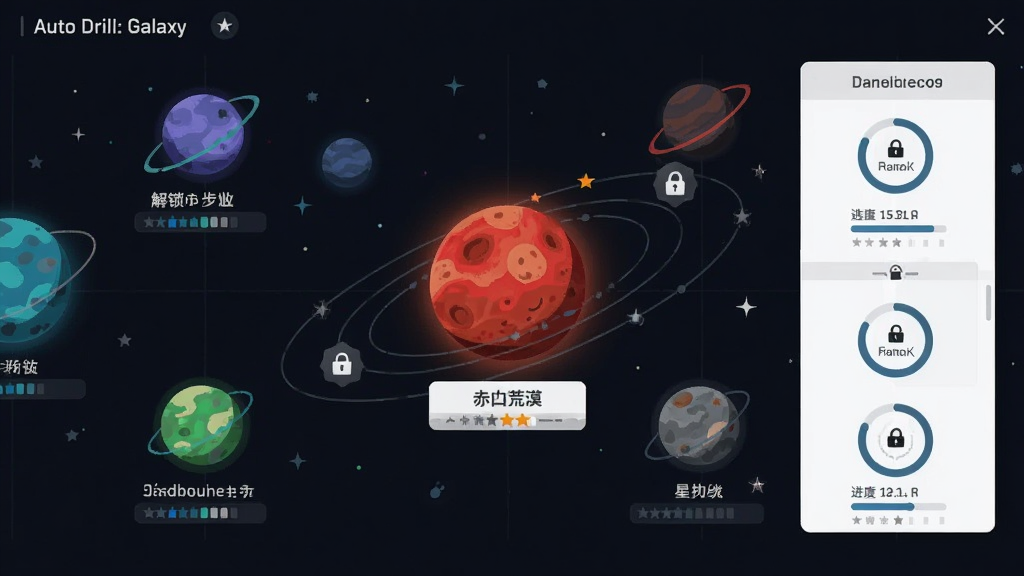 星图界面中散布着多颗不同颜色的星球,每颗星球下方标注名称与解锁进度,画面中央高亮显示当前选中的赤红荒漠星球,布局为横向星图与纵向信息卡结合,风格为深空科幻与扁平插画结合,细节包括星球纹理、轨道线条、解锁锁标与进度圆环,画质清晰干净,画面中打上文字“Auto Drill: Galaxy”