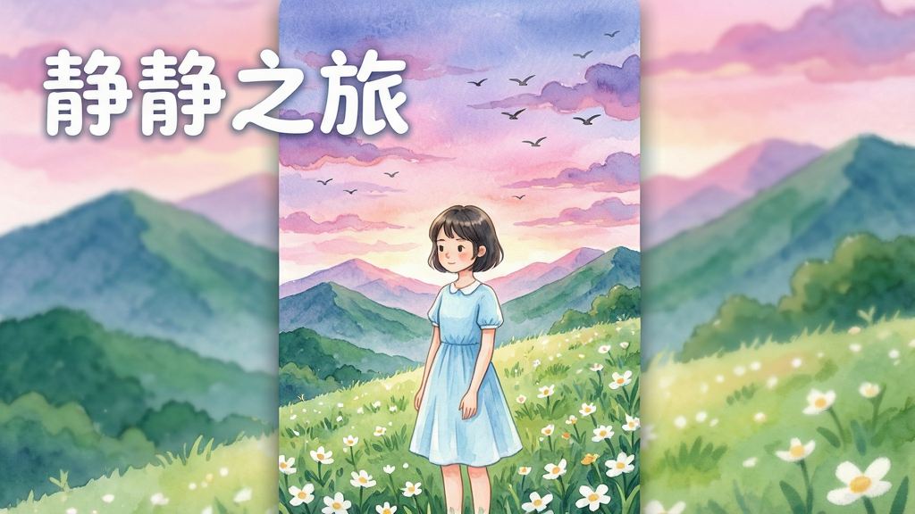 一幅竖版手机游戏宣传图,画面中央是一位身穿浅蓝色连衣裙的短发女孩静静站在开满白色小花的山坡上,远处是层叠的青山与粉紫色晚霞,天空中有几只飞鸟掠过。画面左上角用圆润的白色字体写着“静静之旅”,整体风格为清新治愈的手绘水彩风,色彩柔和明亮,细节丰富,画质干净无多余元素。