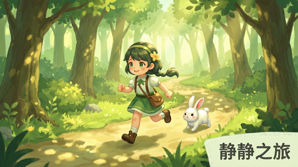 一幅游戏场景截图风格插画,画面展示静静之旅中的森林小径场景,阳光透过树叶洒下斑驳光影,主角静静正在小路上轻快地奔跑,身后跟着一只白色小兔子。画面右下角用深灰色小字标注“静静之旅”,整体色调以嫩绿与暖黄为主,风格清新自然,画质细腻干净。