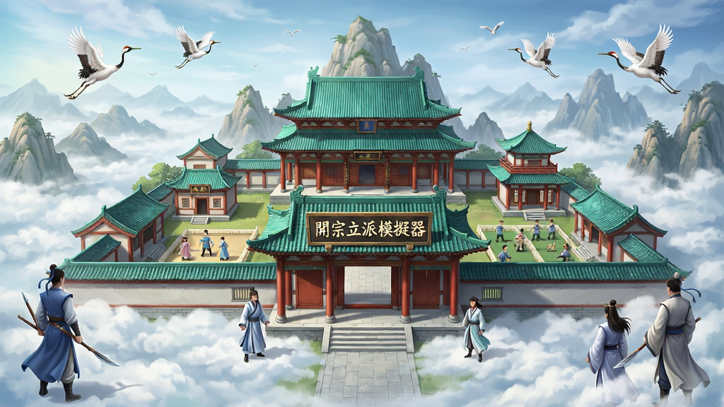 一幅仙侠风格的游戏主界面全景图,画面中央是悬浮于云海之上的巍峨宗门山门,门匾上书写“宗立派模器”六个大字,主体为青瓦红柱的中式古典建筑群,布局有主殿、炼丹房、藏经阁与练功场,山门两侧站立着身着道袍的弟子,远处群山叠嶂、仙鹤盘旋,整体风格为唯美仙侠国风,细节丰富,画质高清,画面干净,无多余元素