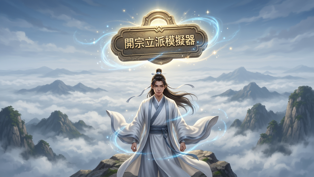 一幅仙侠题材的场景插画,画面主体是一位身着白色道袍的年轻修士站在山巅,面前悬浮着一块发光的宗门令牌,令牌上刻有“宗立派模器”字样,背景是云海与连绵群山,布局采用居中构图,修士位于画面中央偏下,令牌位于上方,风格为写实仙侠风,细节包含衣袂飘动、灵光流转,画质高清,画面干净,无多余元素
