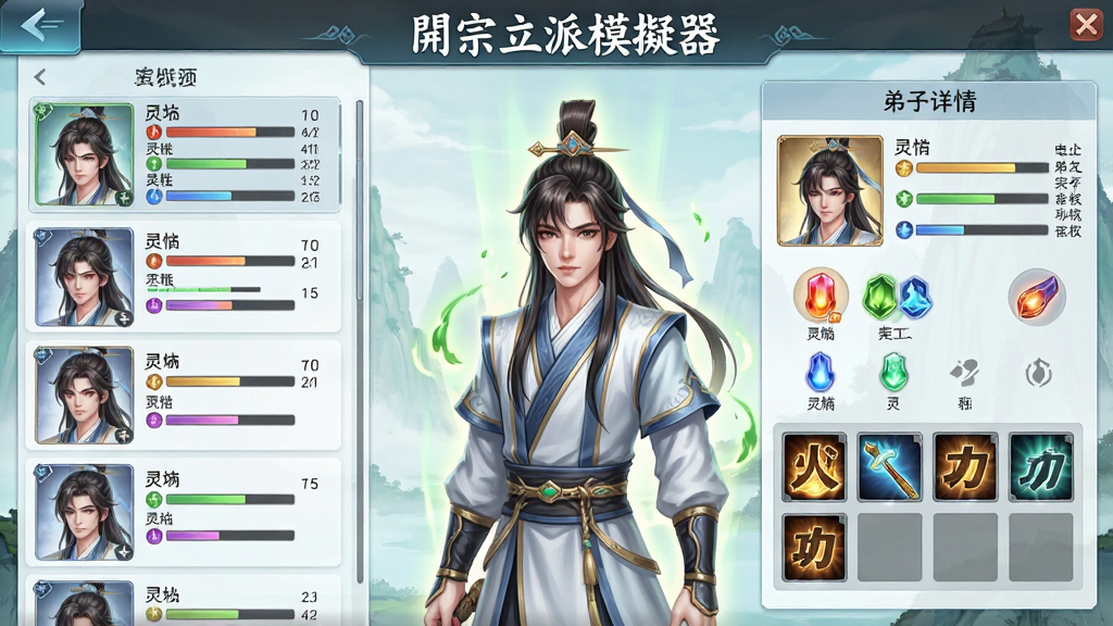 一幅仙侠风格的游戏界面截图风格插画,画面展示弟子管理面板,布局为左侧弟子列表、右侧弟子详情,中央突出展示一位灵根资质极佳的弟子形象,面板上方标题为“宗立派模器”,风格为清新仙侠UI风,细节包含属性条、灵根图标、功法栏,画质高清,画面干净,无多余元素