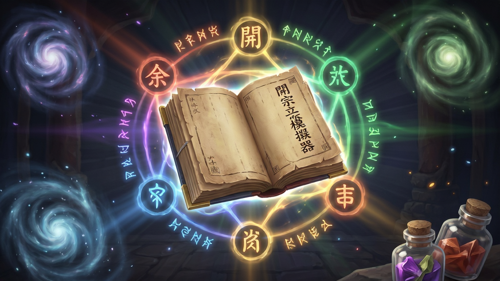一幅仙侠风格的功法修炼场景插画,画面中央是一本悬浮发光的古籍,书页上隐约可见“宗立派模器”字样,周围环绕着五行灵光与符文,布局为居中放射状构图,风格为玄幻仙侠风,细节包含灵气漩涡、境界光环、丹药瓶,画质高清,画面干净,无多余元素