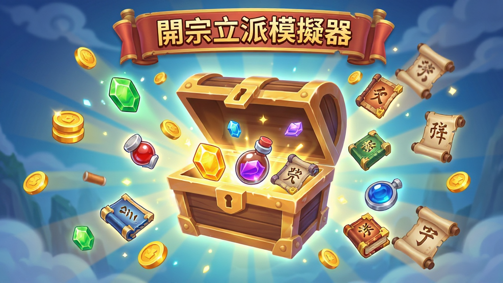 一幅仙侠风格的挂机收益界面插画,画面展示一个悬浮的宝箱正在打开,从中飞出灵石、丹药、秘籍等资源图标,宝箱上方有“宗立派模器”的横幅,布局为宝箱居中、资源呈放射状散开,风格为明快仙侠卡通风,细节包含光效、金币、卷轴,画质高清,画面干净,无多余元素