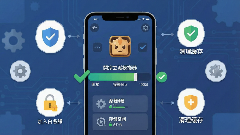 一幅手机游戏安装与运行指南的信息图风格插画,画面展示一部智能手机屏幕中正在安装“宗立派模器”的进度条,旁边有勾选权限、清理缓存、加入白名单等图标提示,布局为手机居中、图标环绕,风格为扁平化科技风,细节包含盾牌安全图标、齿轮设置图标、存储空间提示,画质高清,画面干净,无多余元素