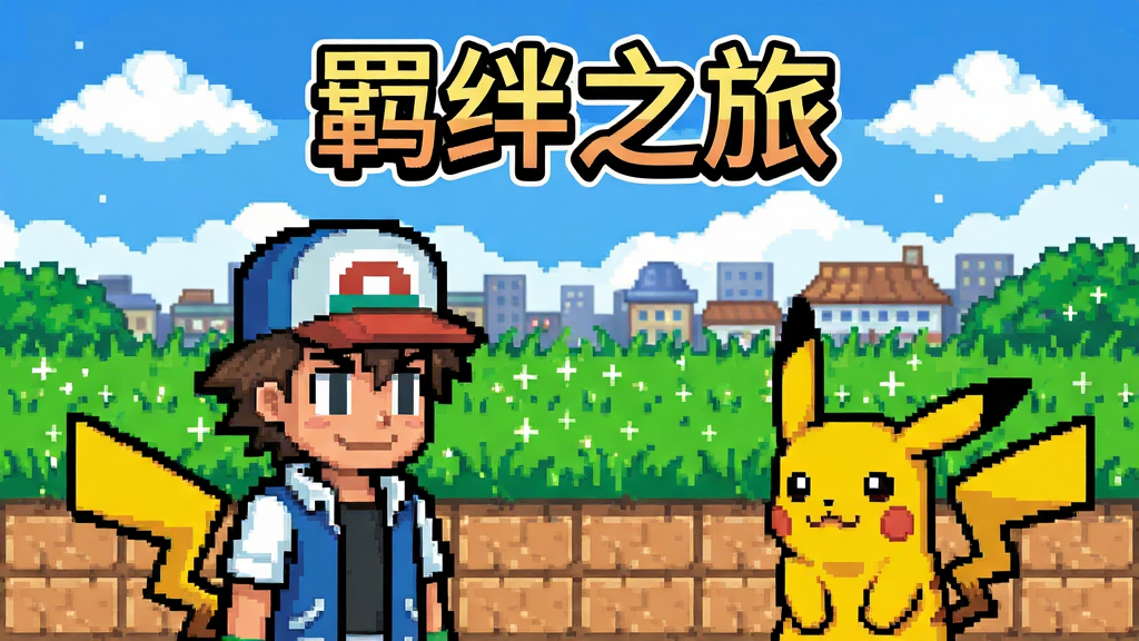 画面主体是一位像素风格的训练家少年,站在绿意盎然的草丛小路上,身旁跟着一只可爱的皮卡丘。布局采用三分法构图,人物在左下方,精灵在右下方,远处是错落有致的城镇建筑与蓝天白云。整体风格为复古GBA像素画风,细节包括漂浮的云朵、闪烁的草丛、清晰的地砖纹理。画质干净清晰,色彩明快饱满,无多余杂乱元素,画面中央上方有艺术字体写着“羁绊之旅”。