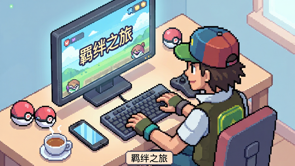 画面主体是一位像素风格训练家坐在电脑前,屏幕显示“羁绊之旅”游戏界面,旁边放着手机与手柄。布局采用俯视视角,展示桌面环境。风格为现代像素生活插画,细节包括发光的屏幕、散落的精灵球、一杯热茶。画质干净明亮,色彩柔和,无多余元素,画面下方有“羁绊之旅”小标签。
