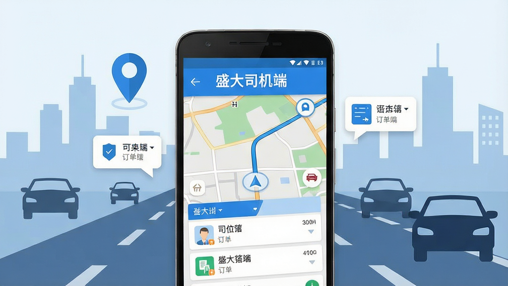 盛大司机端手机应用主界面展示,画面中央是一部安卓手机,屏幕上显示地图导航与订单列表,界面以蓝色和白色为主色调,顶部有