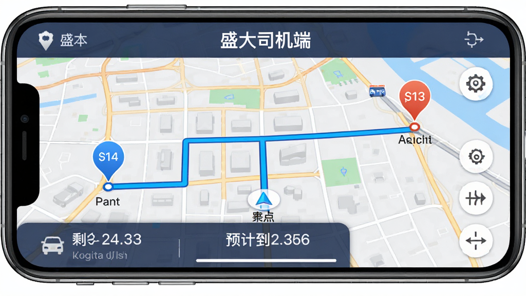盛大司机端导航界面展示,手机横屏显示城市地图,蓝色路线高亮标注,起点与终点有醒目标记,屏幕下方显示剩余距离与预计到达时间,界面顶部有