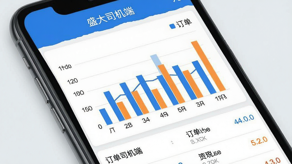 盛大司机端收入统计页面,手机屏幕显示柱状图与订单列表,数据以蓝色和橙色区分,界面顶部有