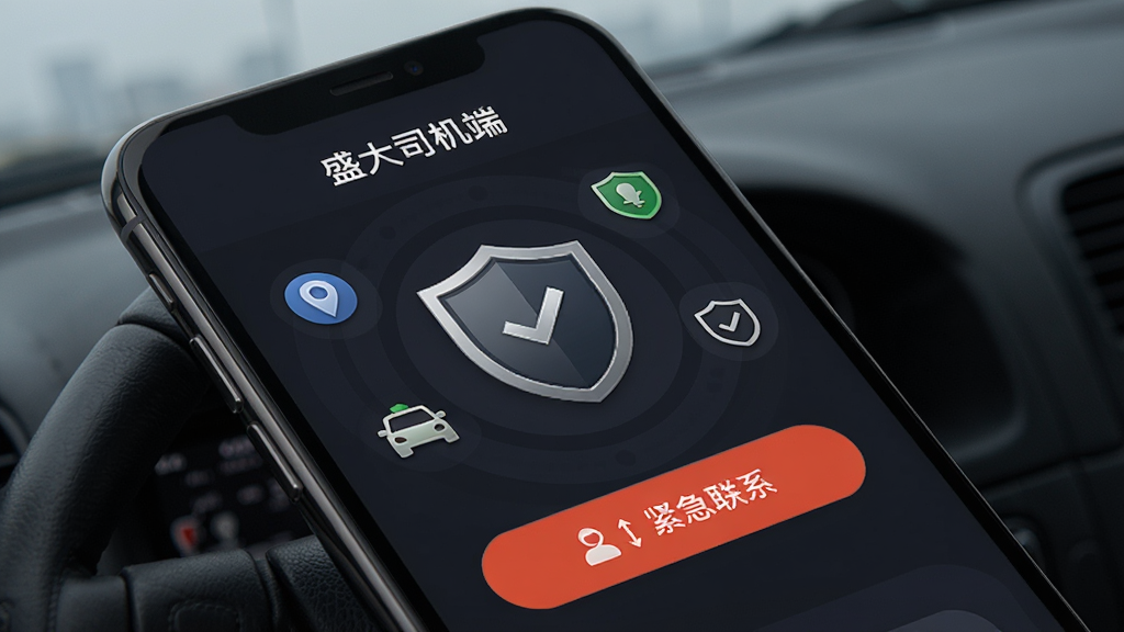 盛大司机端安全中心界面,手机屏幕显示盾牌图标与紧急联系按钮,界面以深色为主,
