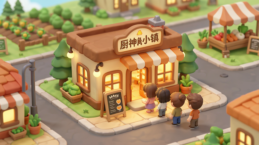 厨神小镇游戏主界面全景,温馨卡通风格的小镇街道,中央是一家亮着暖黄色灯光的餐厅,门口摆放着菜单立牌,周围有顾客排队等候,远处有农田和食材市场,画面色彩明亮柔和,细节丰富,干净无多余元素,高清画质