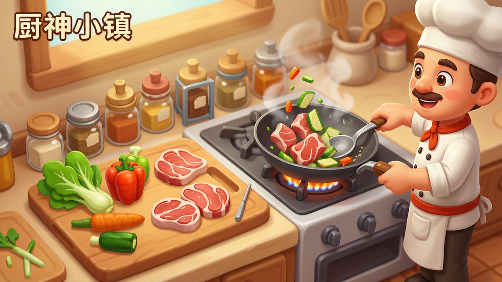 厨神小镇烹饪界面,卡通风格的厨房操作台,案板上摆放着新鲜蔬菜和肉类,锅中冒着热气,旁边有调味料瓶罐,一位厨师角色正在颠勺翻炒,画面温暖明亮,细节清晰,干净整洁,高清画质