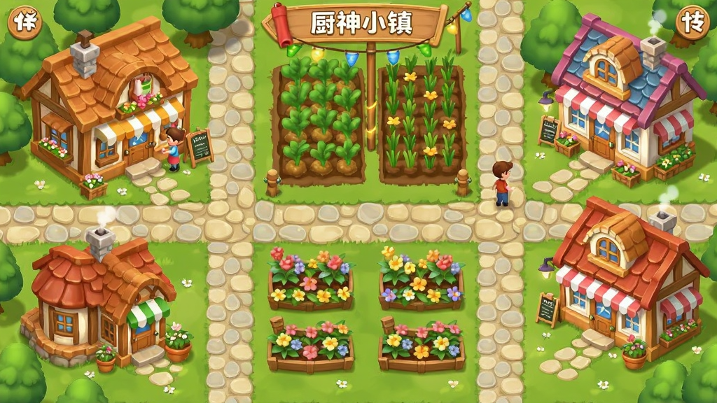 厨神小镇小镇建设界面,俯瞰视角的卡通小镇,有餐厅、农田、甜品店、花圃和石板路,建筑风格统一为温馨田园风,画面中有居民走动,色彩丰富和谐,布局整齐,干净无杂乱元素,高清画质