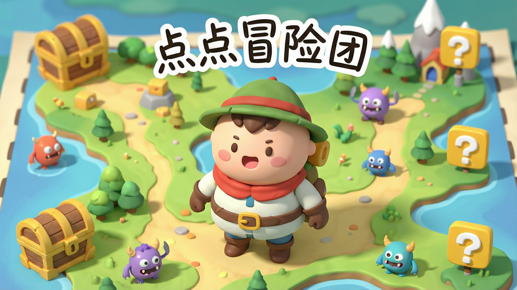 画面主体是一个圆润可爱的卡通冒险者角色,站在色彩明快的奇幻大陆地图上,周围分布着宝箱、小怪和问号图标,整体布局采用中心突出、四周环绕的构图方式,排版清晰有序,风格为清新日系卡通渲染,细节上角色表情生动、地图纹理柔和、光影自然,画质高清干净,无多余元素,画面中悬浮一行手写体文字“点点冒险团”。