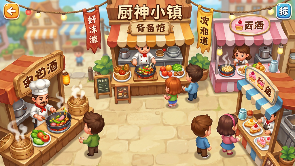 厨神小镇游戏主界面全景展示,画面中央是热闹的小镇美食街,两侧分布着中餐、西餐、甜品等不同风格的摊位,厨师角色正在翻炒锅中食物,顾客在摊位前排队等待,整体布局采用俯视视角,排版疏密有致,风格为温馨卡通手绘,细节包括冒着热气的蒸笼、色彩鲜艳的食材、飘动的招牌旗帜,画质高清,干净明亮,无多余元素