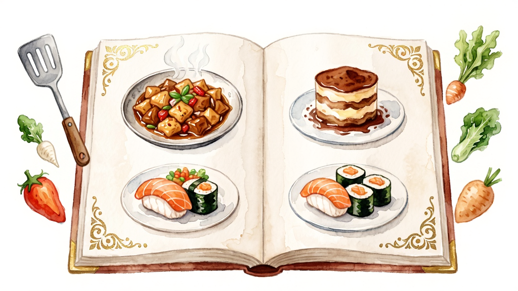 厨神小镇菜品研发界面,画面中展示一本翻开的菜谱书,书页上绘制着宫保鸡丁、提拉米苏、寿司等精美菜品图案,旁边有锅铲与食材漂浮,布局居中对称,风格为清新水彩手绘,细节包括菜谱边缘的烫金花纹、食材的细腻纹理,画质柔和,干净无杂乱